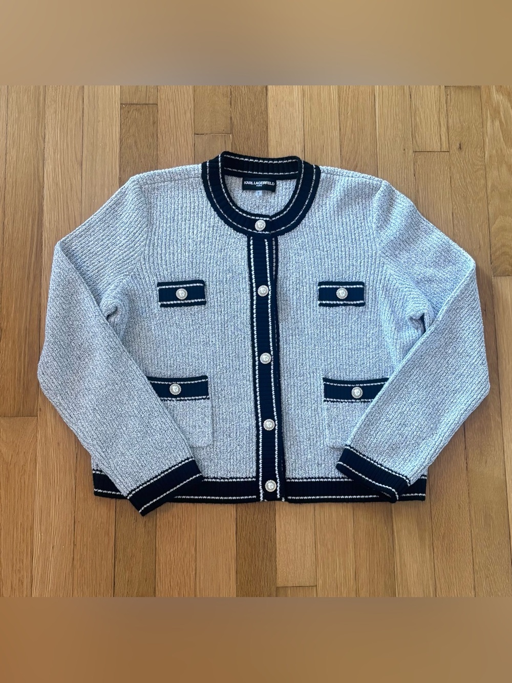Karl Lagerfeld Paris Chunky Knit Button Cardigan Medium Grey Black Sweater Prep - Picture 3 of 12